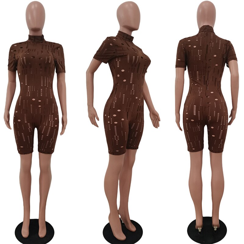 Sexy Hollow Out Hole Bodycon Jumpsuit Women Short Sleeve Sheer Romper Playsuit Party Club Summer Overalls Shorts Vetement Femme