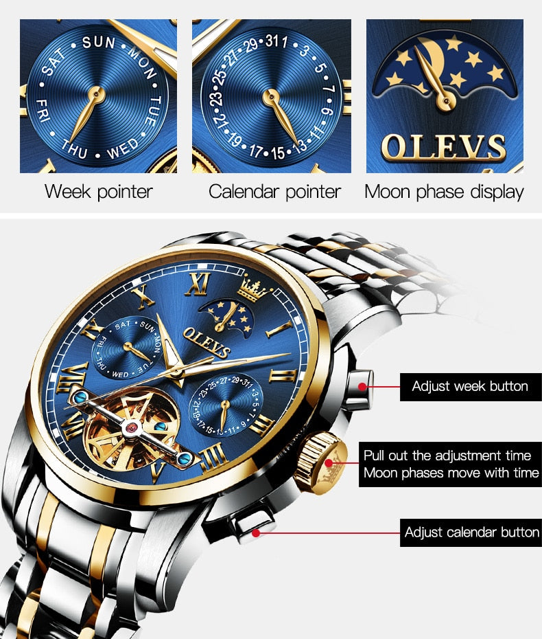 OLEVS Men Watch Automatic Mechanical Watch Stianless Top Brand Luxury Moon phase SkeletonTourbillon Wristwatch Reloj hombres