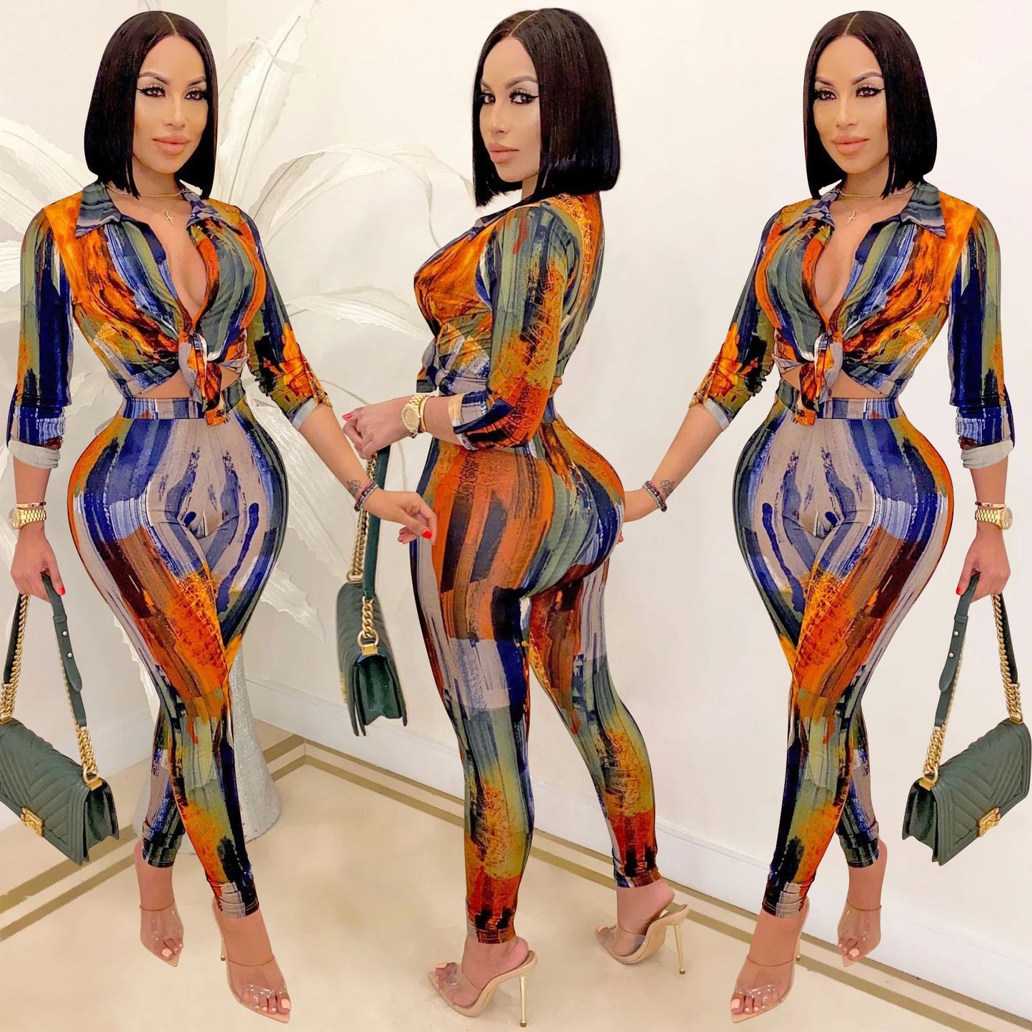 2023 Sexy Autumn Elegant African Women Long Sleeve V-neck Polyester Two Pieces Sets Top and Long Pant