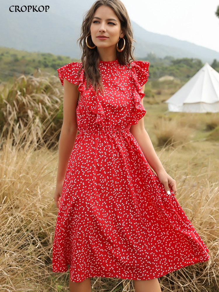 Summer Women Dress Floral Print Ruffle A-line Sundress Casual Fitted Clothes To Knees 2023 Red Dresses For Women