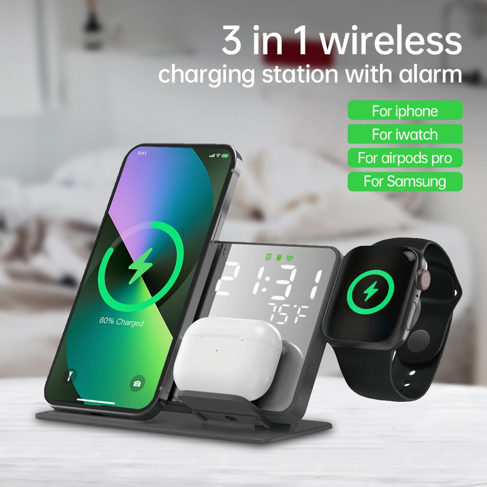 3 in 1 Wireless Charger For iPhone 14 13 12 Pro Apple Watch S8 7 15W Fast Charging Dock Station Desktop LED Digital Alarm Clock