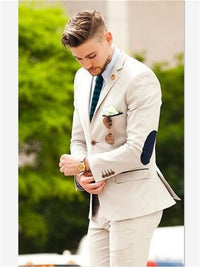 Mens Suits (Jacket+Pants) Latest Designs Beige Groom Tuxedos elbow patches 2 Pieces Wedding Prom Dinner Italian Man Suit Blazer