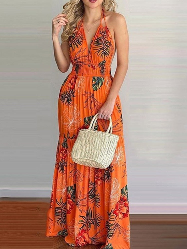 Women Tropical Print Sexy Halter Backless Summer Maxi Dress