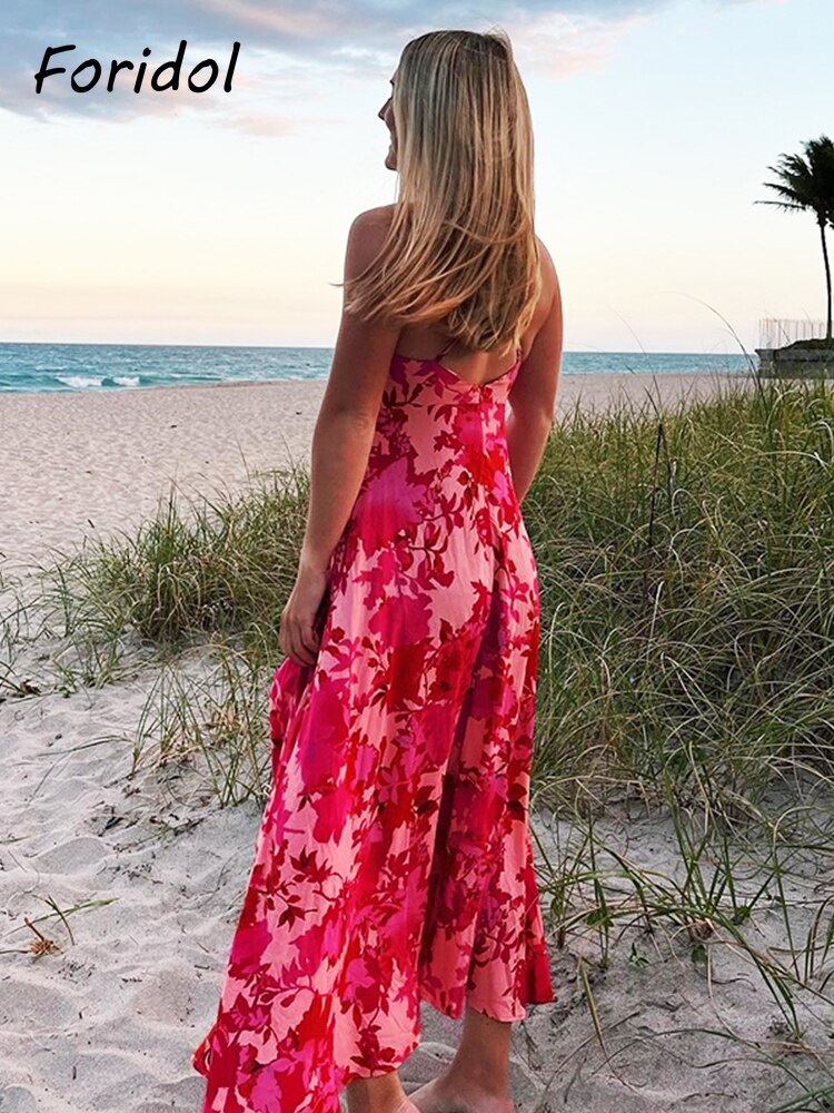 Spaghetti Strap Backless Rayon Women Red Dress Cotton Sleeveless Floral Maxi Dress Hollow Out A-line Long Boho Beach Dress 2023