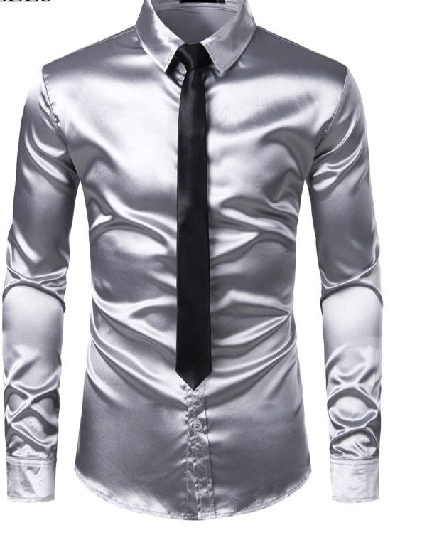 2pcs Silver Silk Shirt+Tie Mens Satin Smooth Tuxedo Shirts