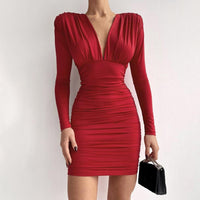 Sexy Women's Bodycon Mini Dress Padded Shoulder Deep V Neck Tight Waist Spring Dress For New Year 2022 Ladies Party Vestidos