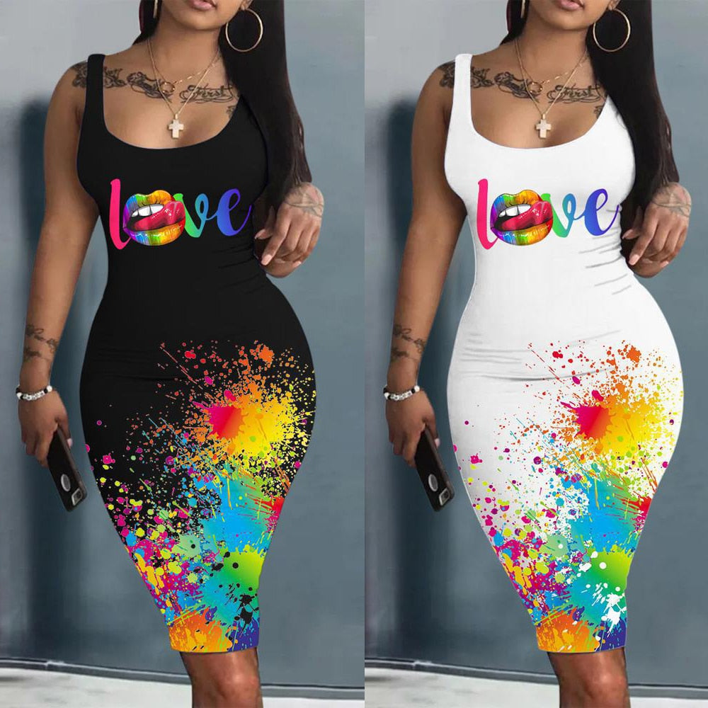 Summer Daily Dresses for Women 2023 Fashion Tie Dye Print Sexy Party Sleeveless U-Neck Bodycon Casual Dresses