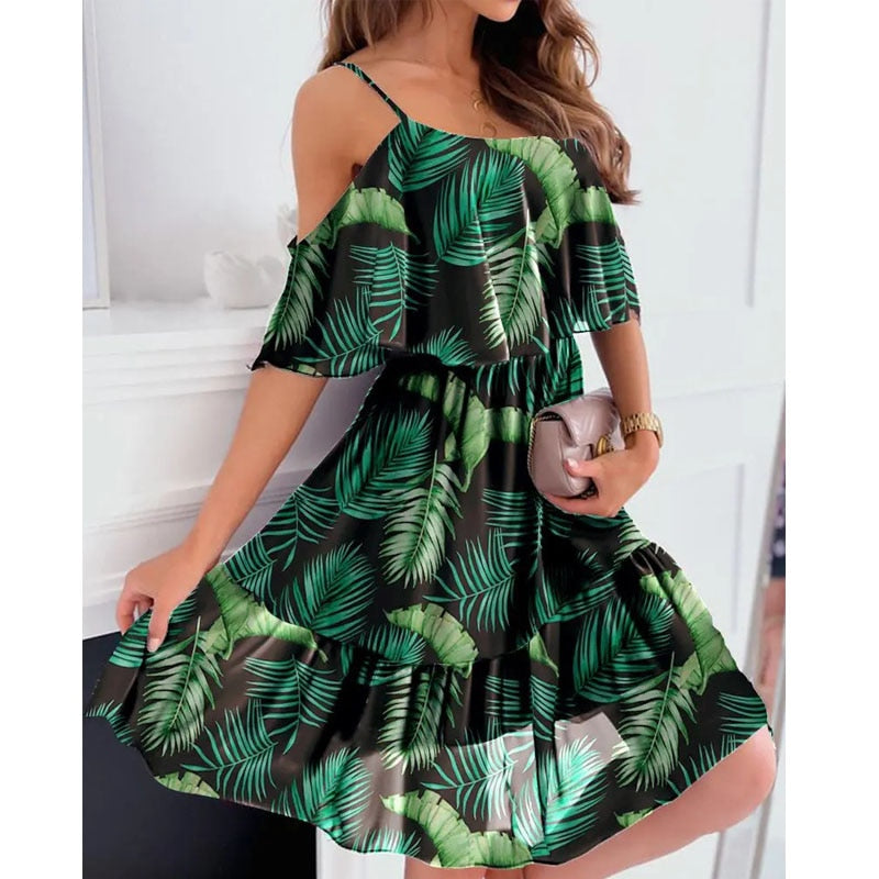 Sexy 2022 Summer Woman Sexy Spaghetti Strap Off Shoulder Floral Print Elegant Dress