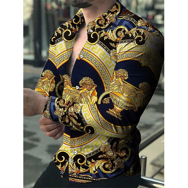 Fashion Vintage Shirts For Men Oversized Casual Shirt Floral Totem Print Long Sleeve Tops Men&#39;s Clothing Party Cardigan Blouses