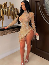 Sexy Glitter Dress Women Rhinestone Hot Drilling Long Sleeve Dress Mesh See Through Tassels Bodycon Party Club Night Mini Dress