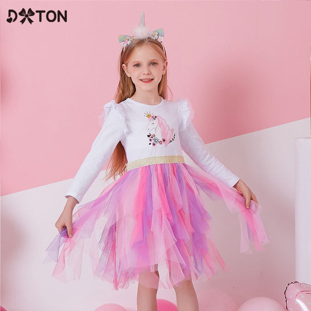 DXTON Princess Kids Dress Heart Sequined Girls Dress Winter Long Sleeve Children Clothing Tutu Flare Sleeve Kids Party Dresses
