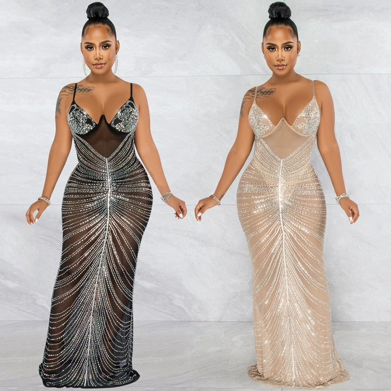 Sparkle Sheer Mesh Rhinestones Long Maxi Dress Gown Women Glam Spagetti Straps Crystal Sexy Evening Party Dress Outifts