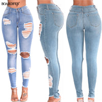 Women Ripped Jeans Pants Y2K Stretch Skinny Hole Denim Pencil Pants Slim Fit Casual High Waist Female Distressed Jeans Trousers