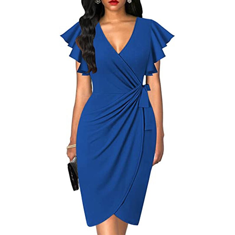 OTEN Women's Deep V-neck ruffle sleeve pleated irregular dress casual summer cocktail party work belt wrap hip dress