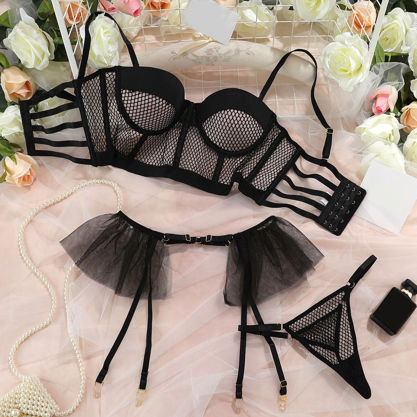 Sexy Women's Sexy Lingerie Set Lace Cutout Sheer Mesh Ruffle Dress Sex Doll Pajamas Hot Porn Erotic Lingerie Sexy Dress Babydoll Suit