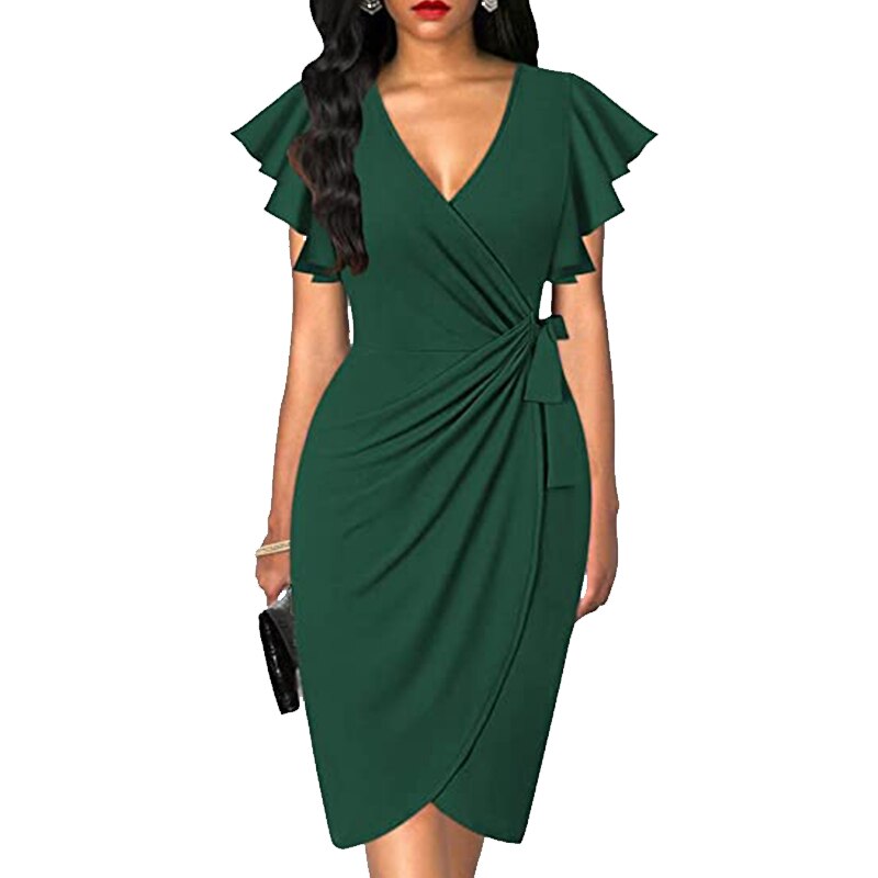 OTEN Women's Deep V-neck ruffle sleeve pleated irregular dress casual summer cocktail party work belt wrap hip dress