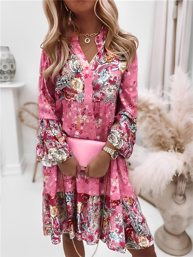 Elegant Beach Floral Print Women Dress Bohimian Loose Flare Sleeve Casual V Neck Dress Ladies Summer Fashion Patchwork Clothing