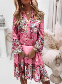 Elegant Beach Floral Print Women Dress Bohimian Loose Flare Sleeve Casual V Neck Dress Ladies Summer Fashion Patchwork Clothing