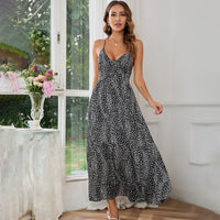 Sexy Leopard Print Spaghetti Strap Backless Dresses Vintage Ruffled Lace Up Party Maxi Dress