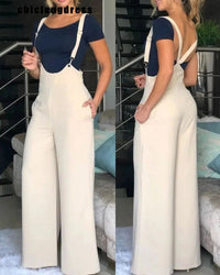 Spring Summer Casual Solid Strap Jumpsuit  Women Fashion High Waist Strap Wide Leg Bodysuit Women