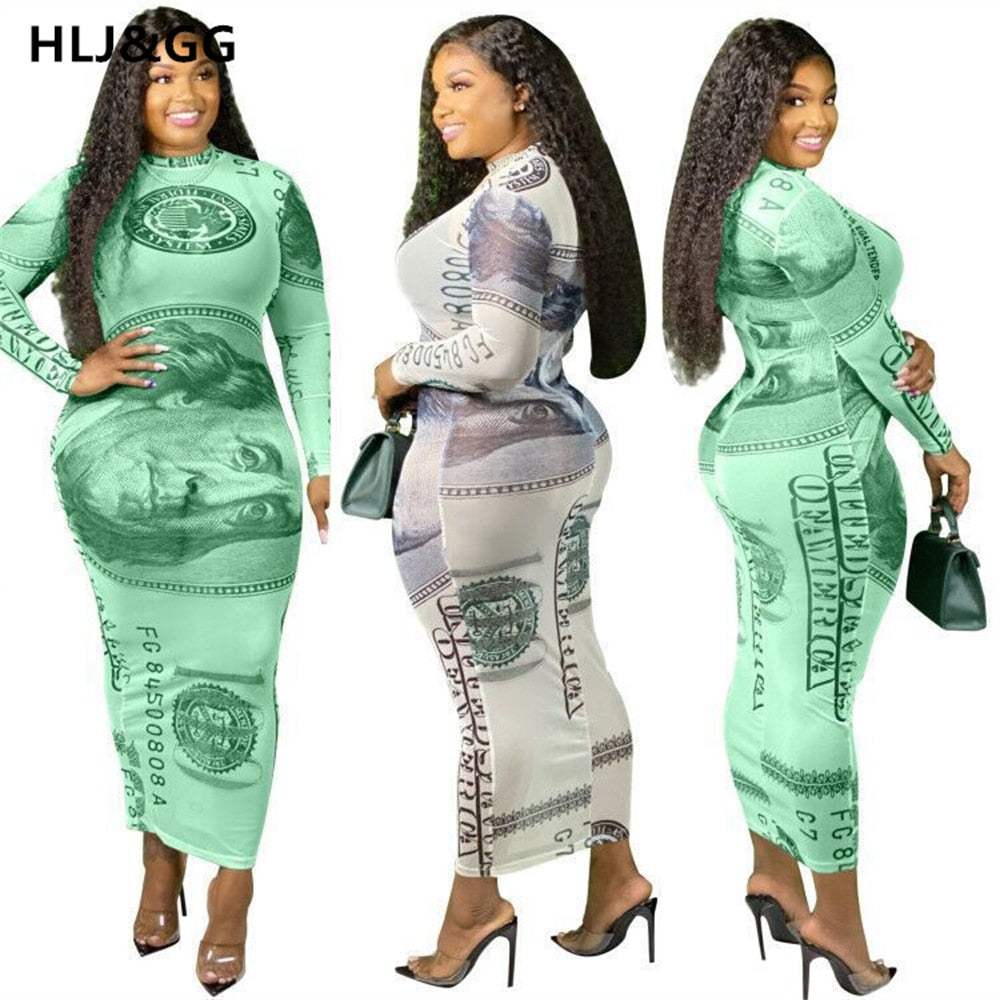 Women Spring Autumn Money Vintage Print Skinny Long sleeve dress sexy party Streetwear new long vestido dresses 2022 New