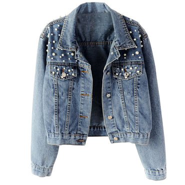 Designer Pearl Beading Black Short Jean Jackets Korean Chi Street Jeans Jacket Chi Cotton Collar Blue White Cropped Denim Coat