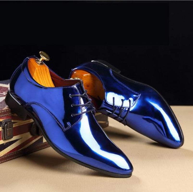 Fashion Trend Patent Leather Men Wedding Shoes Gold Blue Red White Oxfords Shoes Designer Pointed Toe Dress Shoes Big Size 37-48