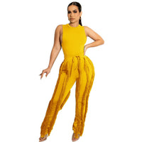 2 Pieces Women's Tracksuit Tank Top Tassel Side Straight Pants