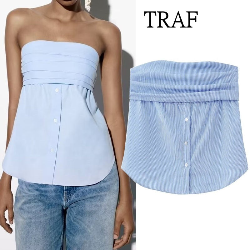 TRAF Blue Top Women 2023 Ruched Crop Top Sexy Backless Female Clothing Sleeveless Y2k Corset Tops Streetwear White Tops