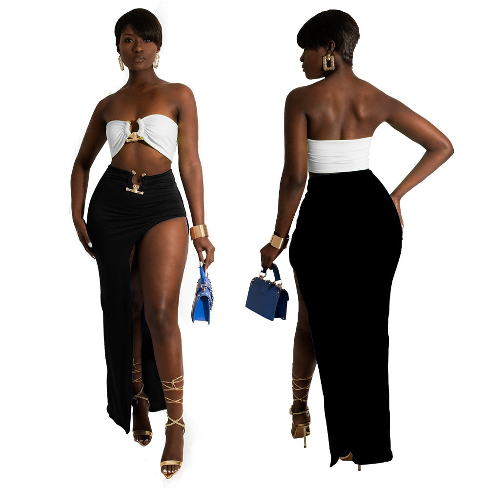 Sexy Women Skirt Suit Summer Two Piece Set Solid Strapless Sleeveless Tank Top High Slit Maxi Skirt