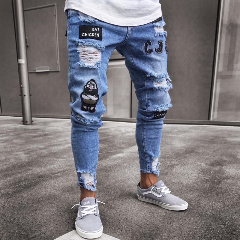 Men&#39;s Painted Skinny Slim Fit Straight Ripped Distressed Pleated Knee Patch Denim Pants Stretch Jeans