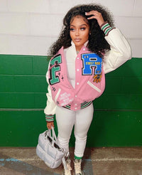 Varsity Letter Baseball Coat Oversized Jackets Women 2022 Fall Winter Fashion Clothes Y2K Streetwear Casual Print Pink Jacket