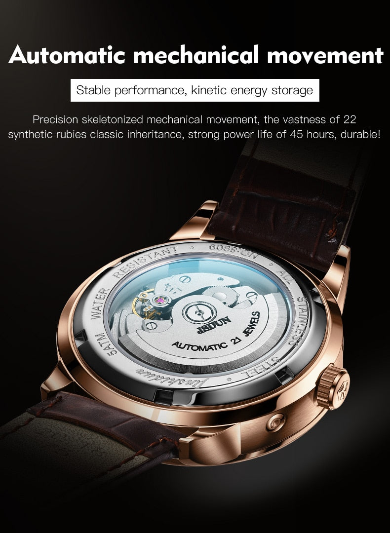 JSDUN Men&#39;s Mechanical Watch Luminous Leather Strap Waterproof Man Watch Top Brand Luxury Business Watch For Men Moonswatch 8909