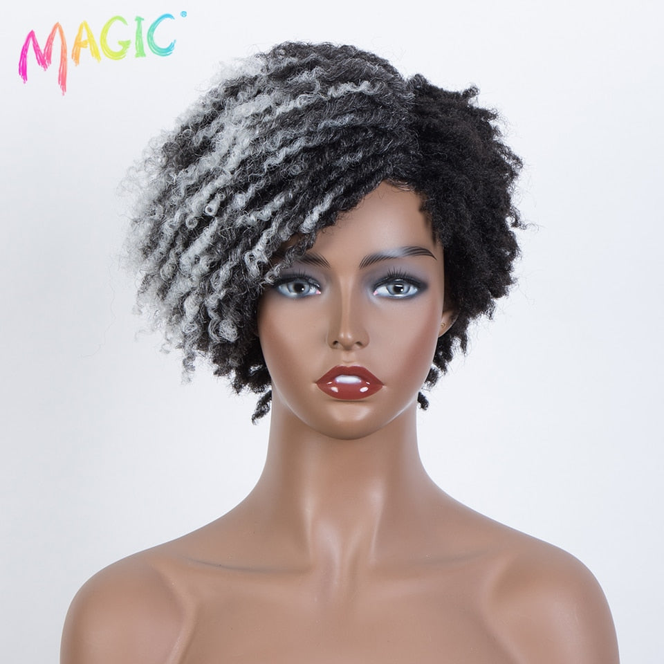 Magic 10 Inches Synthetic  Afro Kinky Curly Wig Short Dreadlock Wig With Bangs Ombre Black Blonde  Crochet  Wig for Black Women