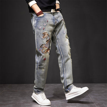 Carp Embroidered Jeans Men Streetwear Denim Pants Fashion Ripped Jeans Pants Plus Size 40 41 Trousers Male Bottoms