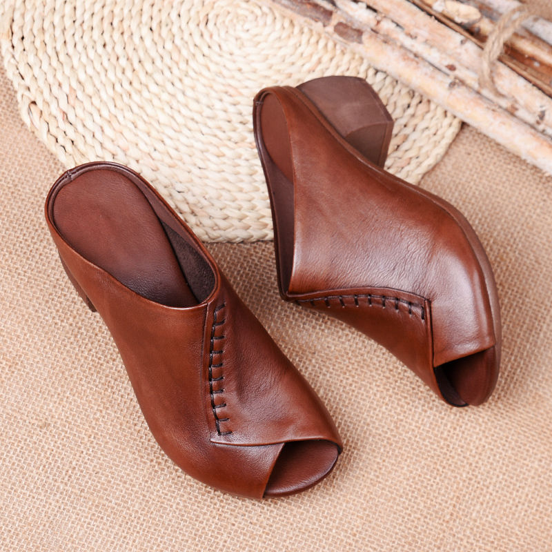 Thick-heeled Soft Leather Outer Slippers Fish Mouth Comfortable Versatile Mid-heeled Women Sandals Women's Mother's Shoes Women