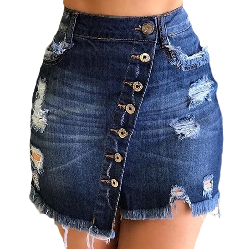 2022 Summer New Woman Ripped Denim Button Denim Short Skirt