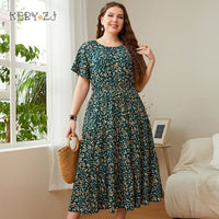 KEBY ZJ Big Size Women&#39;s Clothing Dress Summer O-Neck Floral Print Midi Dresses Urban Elegant Casual Ladies Plus Size Long Dress