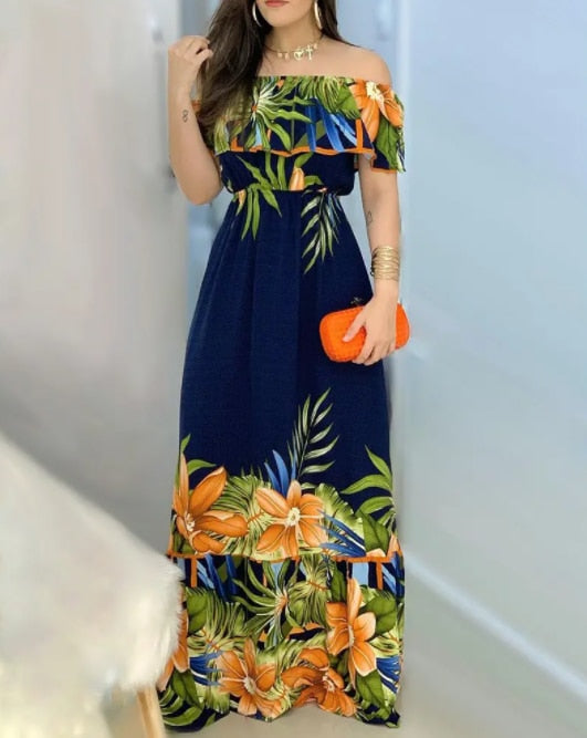 2022 New Summer Off Shoulder Tropical Print Dress