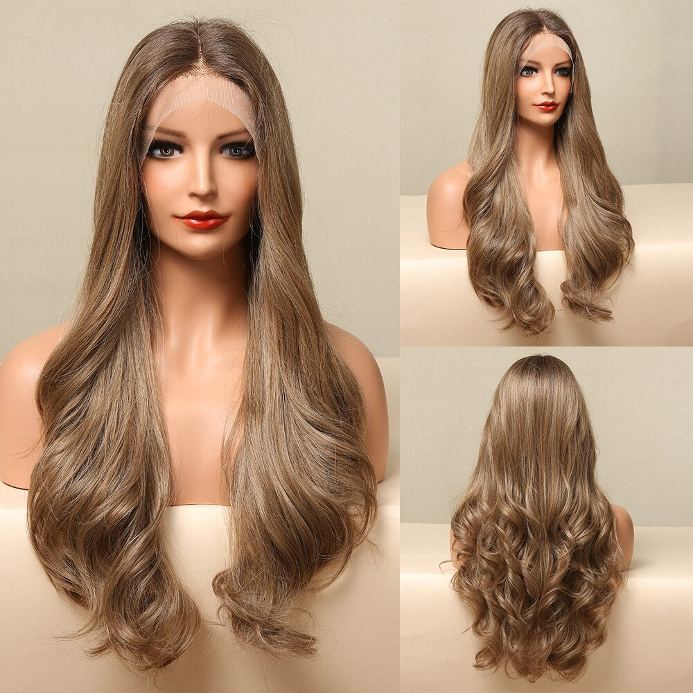 LOUIS FERRE Long Brown Lace Frontal Synthetic Wigs Dark Brown Body Wavy Highlight Wig Natural Hairline Daily Heat Resistant Hair