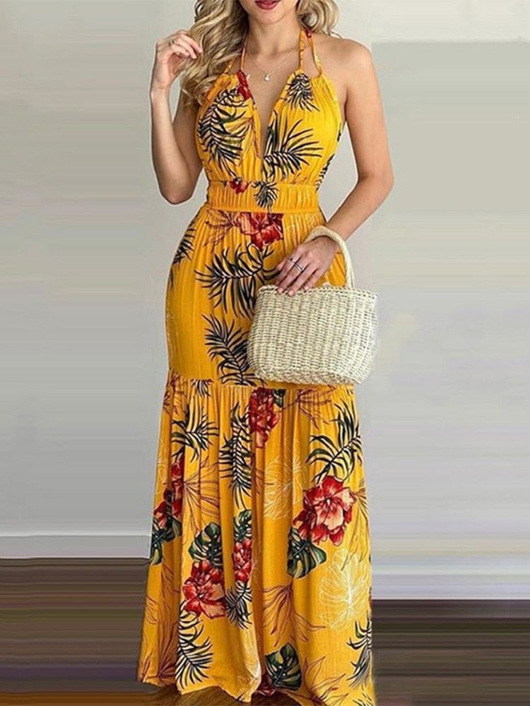 Women Tropical Print Sexy Halter Backless Summer Maxi Dress