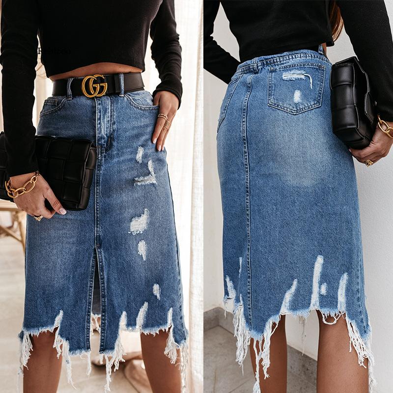 Summer Sexy Asymmetric Denim Skirt Women High Waist Slit Ripped Beggar Midi Skirts Casual Slim Worn Tassel Blue Jeans Skirt