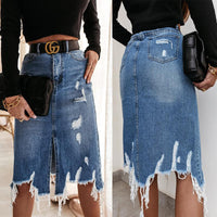 Summer Sexy Asymmetric Denim Skirt Women High Waist Slit Ripped Beggar Midi Skirts Casual Slim Worn Tassel Blue Jeans Skirt