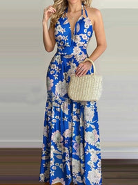 Women Tropical Print Sexy Halter Backless Summer Maxi Dress