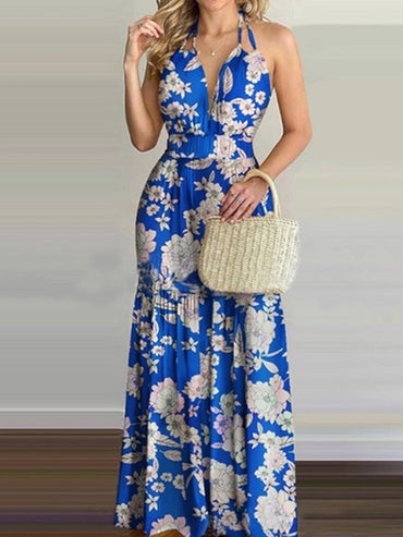 Women Tropical Print Sexy Halter Backless Summer Maxi Dress