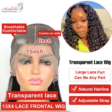 Deep Wave Lace Frontal Wig 210 Density 13x4 Transparent Lace Wig Pre Plucked Bleached Knots Arabella Remy Deep Curly Wig