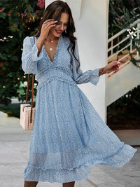 Boho Summer Dress Women 2022 Ruffles Print V Neck Chiffon Midi Dress Wrist Flare Sleeve Empire Holiday Beach Dresses Woman