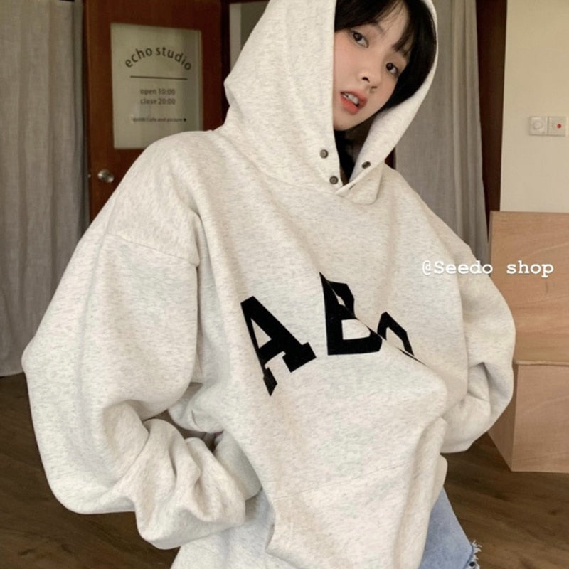 Vintage Hooded Sweatshirt Streetwear Light Gray Dark Green Long Sleeve Oversized Hoodie Winter Warm Cotton Fleece Hoodies Women