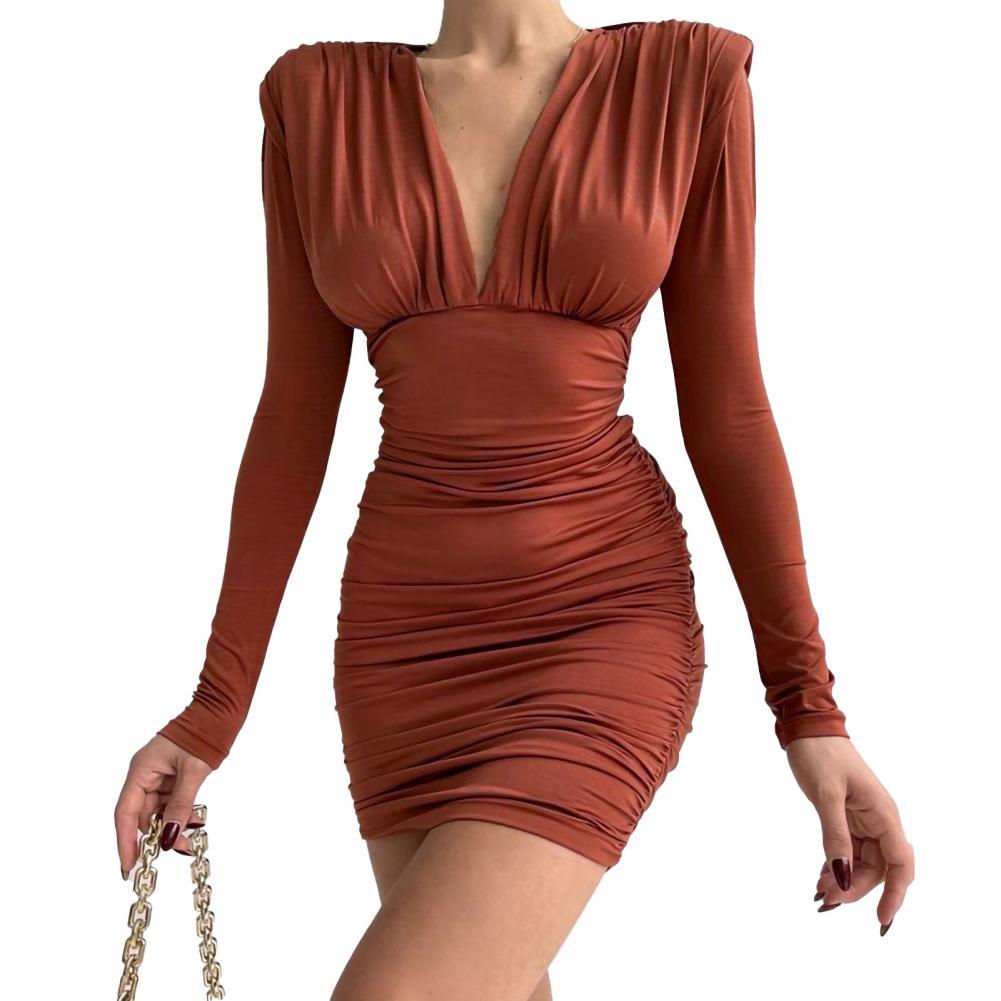 Sexy Women's Bodycon Mini Dress Padded Shoulder Deep V Neck Tight Waist Spring Dress For New Year 2022 Ladies Party Vestidos