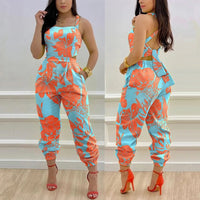 Sexy 2022 Women Chic Casual Jumpsuits One Piece Plants Print Criss Cross Tied Backless